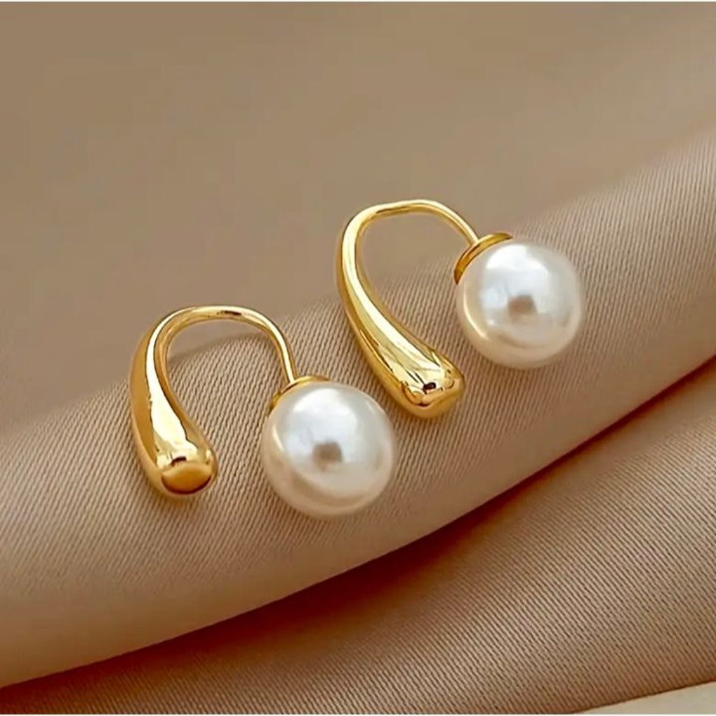 Gold Teardrop Pearl Drop Earrings Curved Arc Dangle Elegant Minimalist Modern 19$